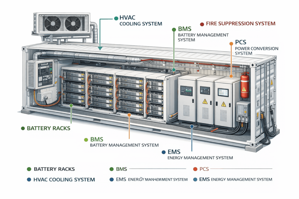 Containerized BESS components diagram showing battery racks BMS PCS EMS HVAC and fire protection