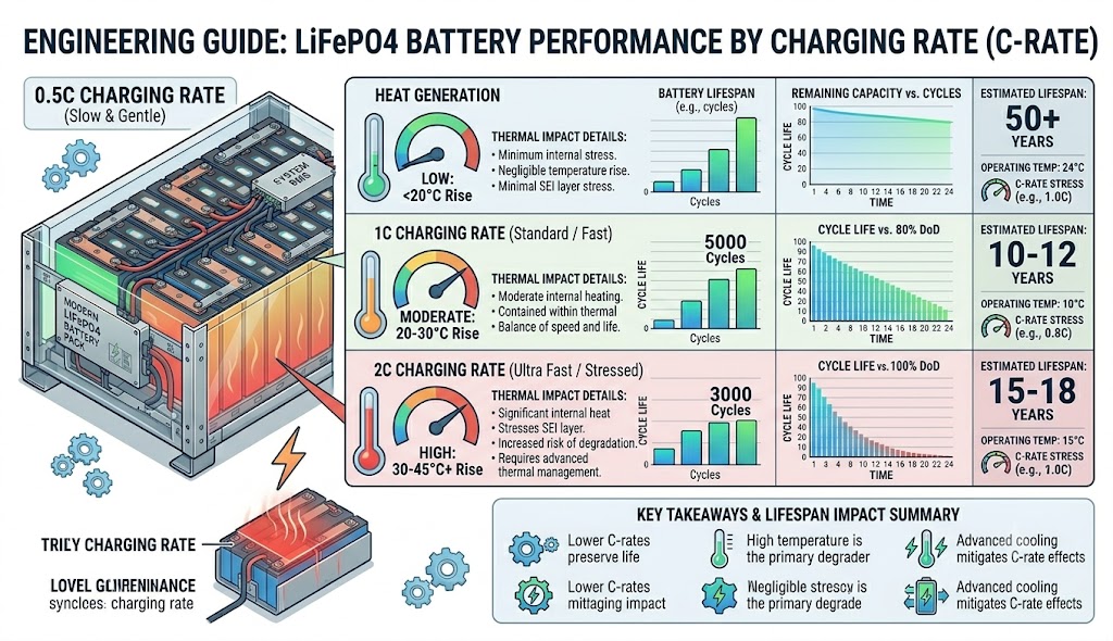 Different charging rates affecting lithium iron phosphate battery lifespan.