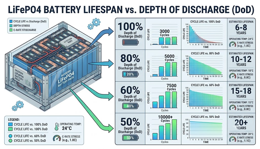Depth of discharge comparison showing its effect on LFP battery cycle life.