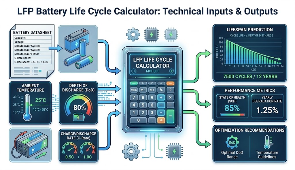 Diagram explaining how an LFP Battery Life Cycle Calculator estimates battery lifespan.