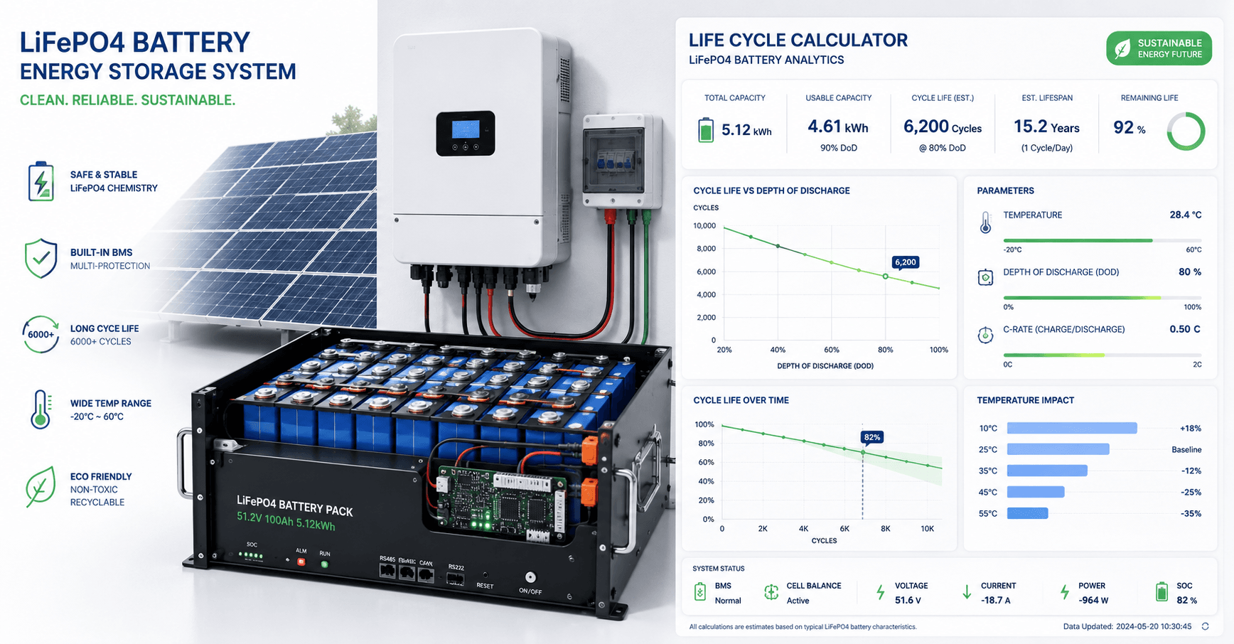 LFP Battery Life Cycle Calculator showing battery lifespan based on temperature, depth of discharge, and charging rates.