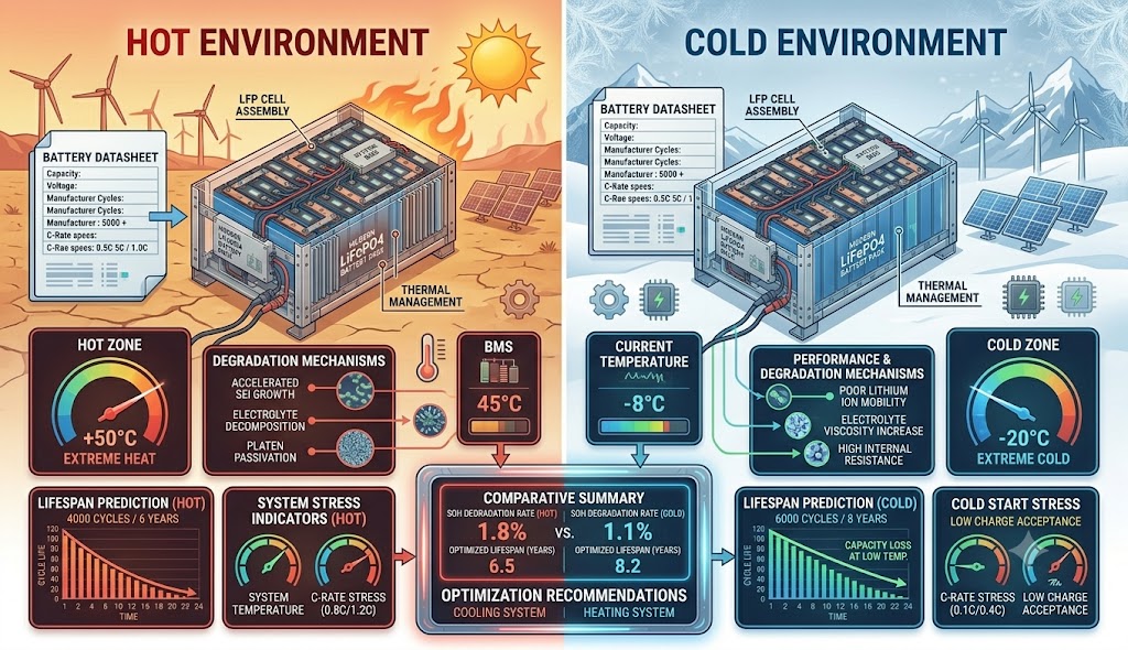 Comparison of LFP battery performance in hot and cold temperatures.