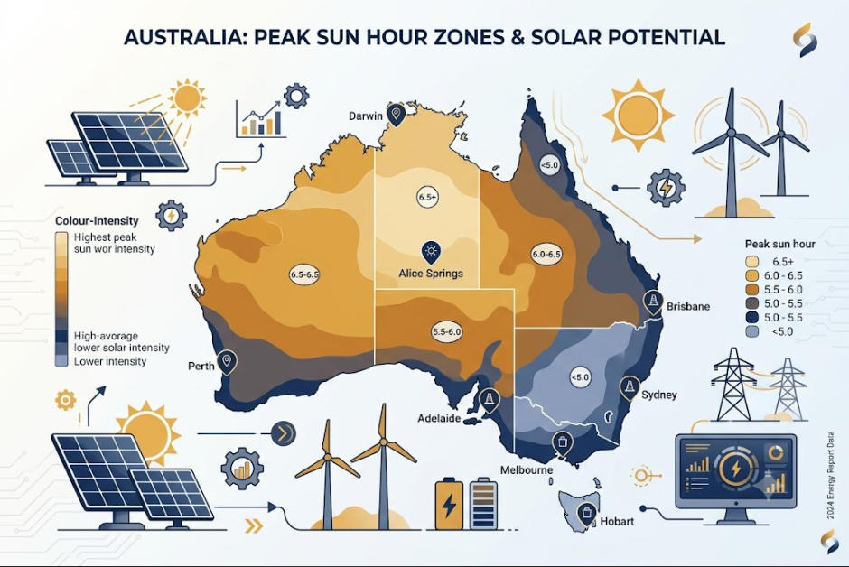 Comparison infographic showing Darwin Brisbane Perth Sydney Melbourne and Hobart peak sun hours