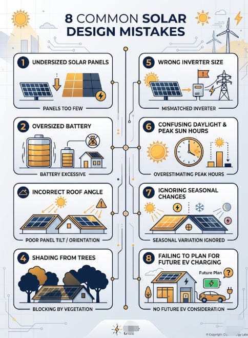 Infographic showing common solar design mistakes, including incorrect panel sizing, battery sizing, inverter selection, roof orientation, and using inaccurate peak sun hour data.
