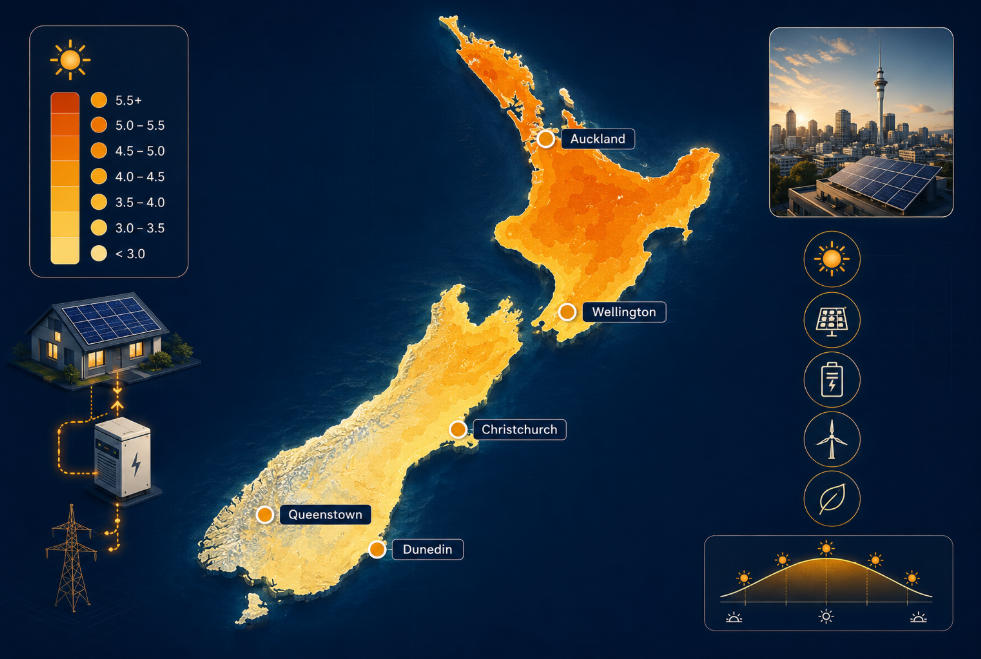 New Zealand solar resource map showing peak sun hours in Auckland Wellington Christchurch Queenstown and Dunedin