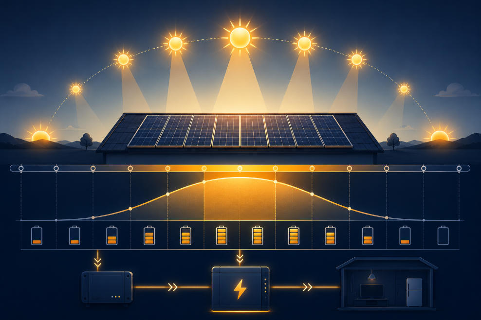 Diagram explaining peak sun hours compared with daylight hours for solar panel generation