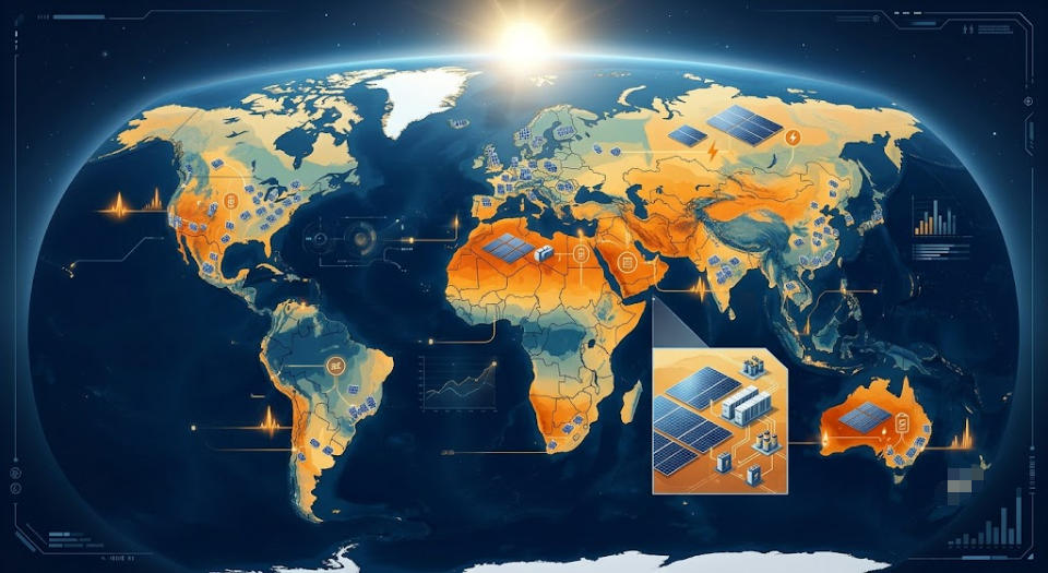 Global solar energy potential map showing different peak sun hours regions worldwide