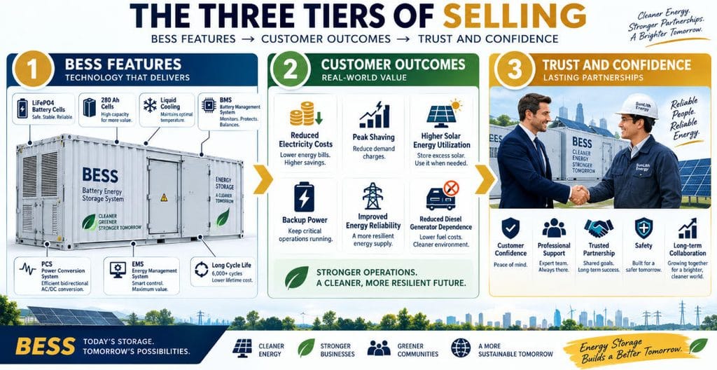 Example of the Three Tiers of Selling applied to a battery energy storage system, connecting technical features with outcomes and customer trust.