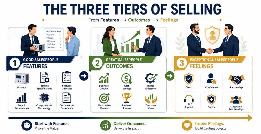 Comparison chart showing features, outcomes, and feelings as the three levels of effective selling.