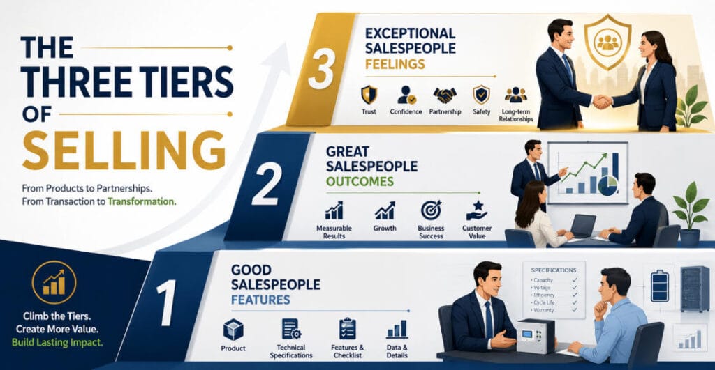 The Three Tiers of Selling showing good salespeople focused on features, great salespeople focused on outcomes, and exceptional salespeople focused on customer feelings and trust.